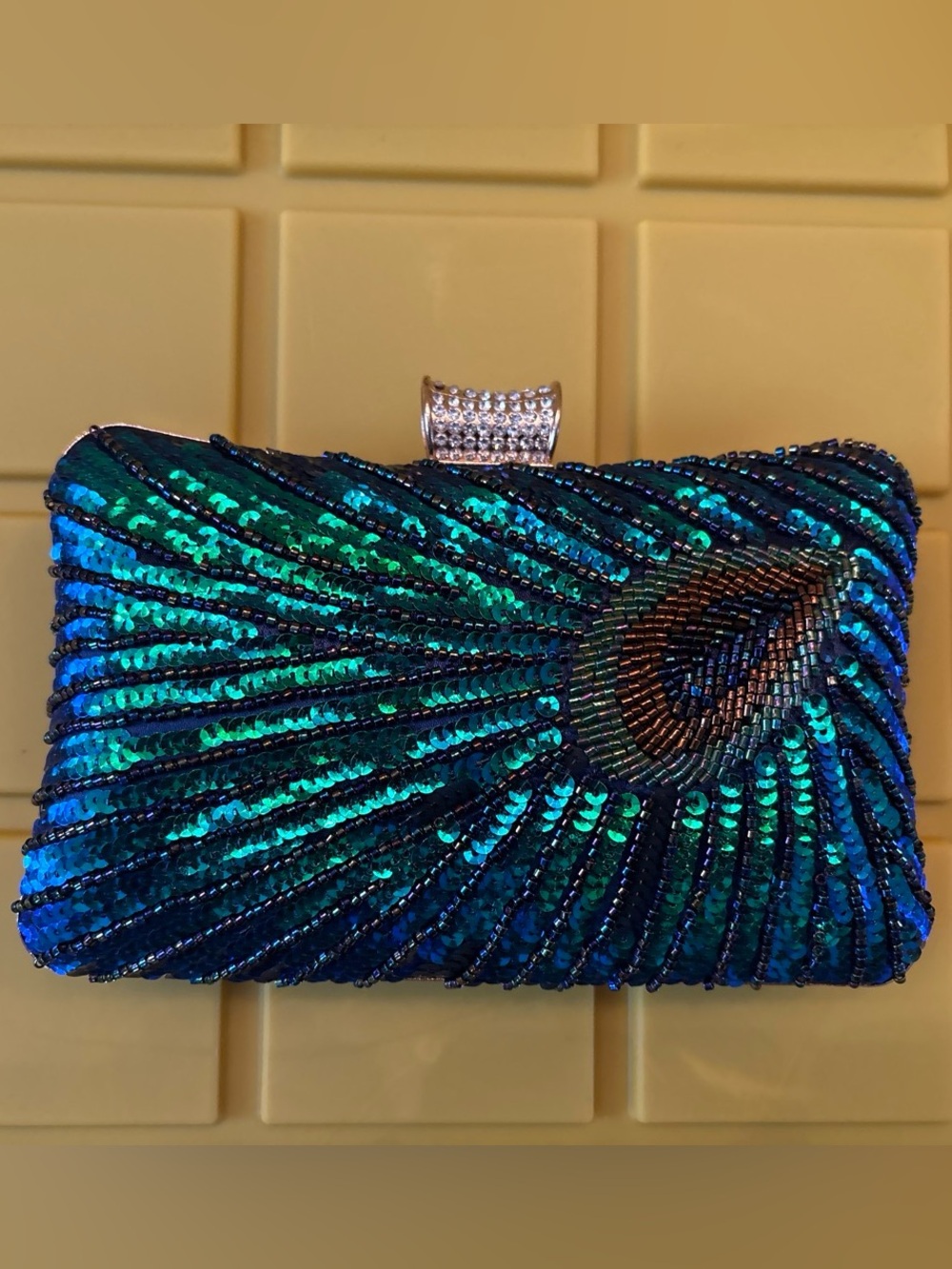 Sequined Peacock-Design Evening Clutch in Blue-Green